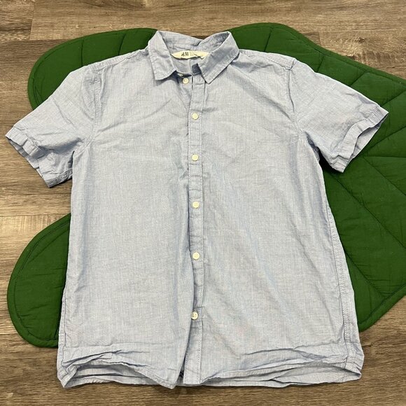 H&M Youth Boy 12 14 Blue Short Sleeve Button Front Cotton Shirt - Picture 1 of 4